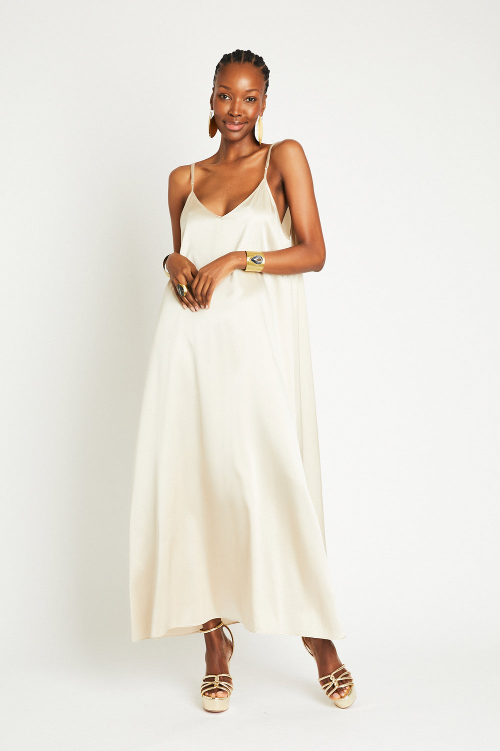 Julie silk maxi dress in Latte (beige), front view