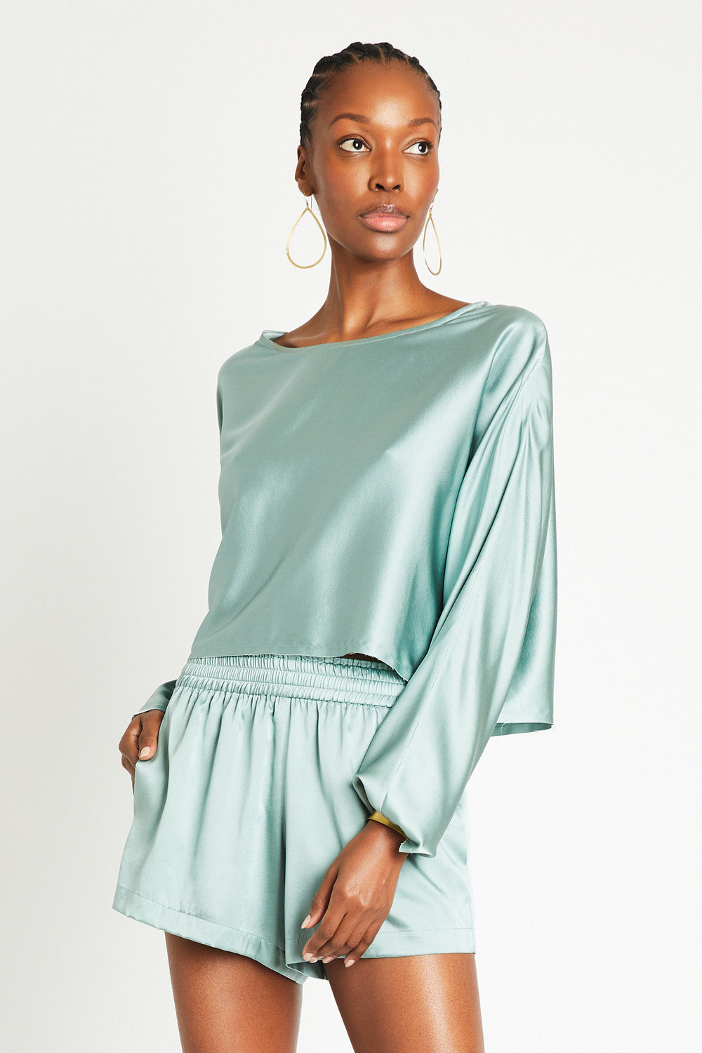 + Beryll Sierra Silk Long Sleeve Cropped Top | Mint - + Beryll Sierra Silk Long Sleeve Cropped Top | Mint