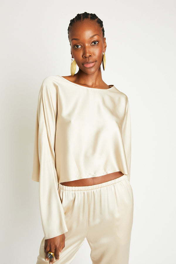 Sierra Silk Long Sleeve Cropped Top | Latte
