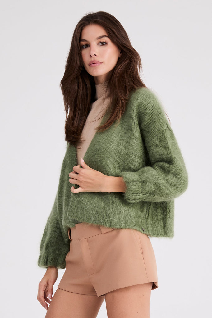 Anita cashmere cropped cardigan in Sage Green, side view