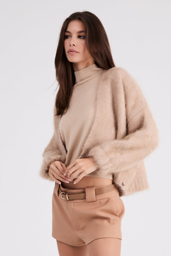 Anita cashmere cropped cardigan in beige, side view