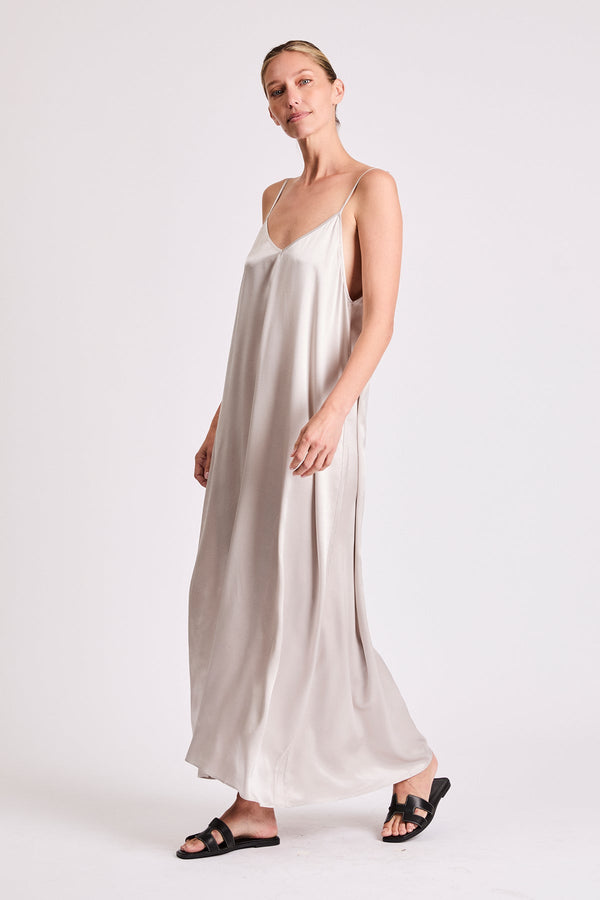 Julie silk maxi dress in
Pearl (Silver Gray), side view