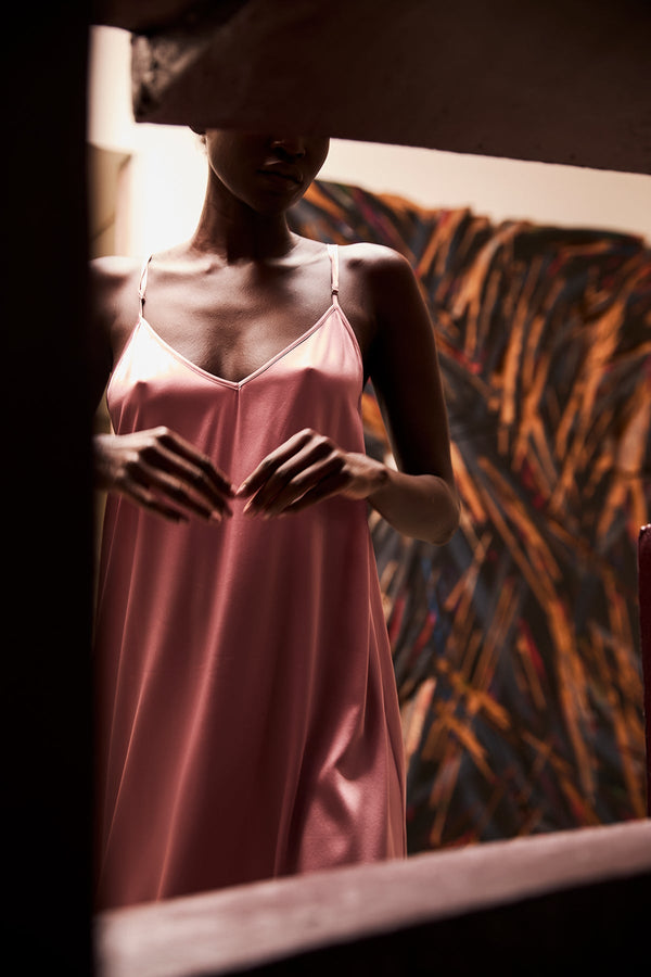 V-neck detail of Julie silk maxi dress in Rose