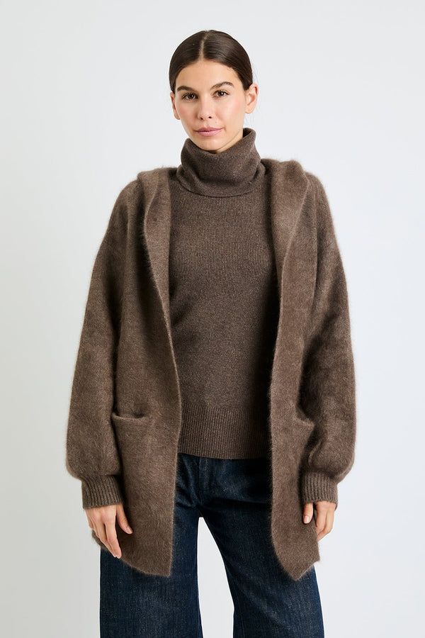 Front view of Vivi cropped cashmere coat with hood in Mocha