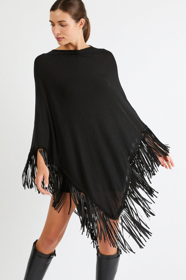 Cashmere Poncho with Leather Fringe | Black - +Beryll Worn By Good People