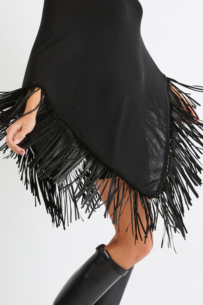Cashmere Poncho with Leather Fringe | Black