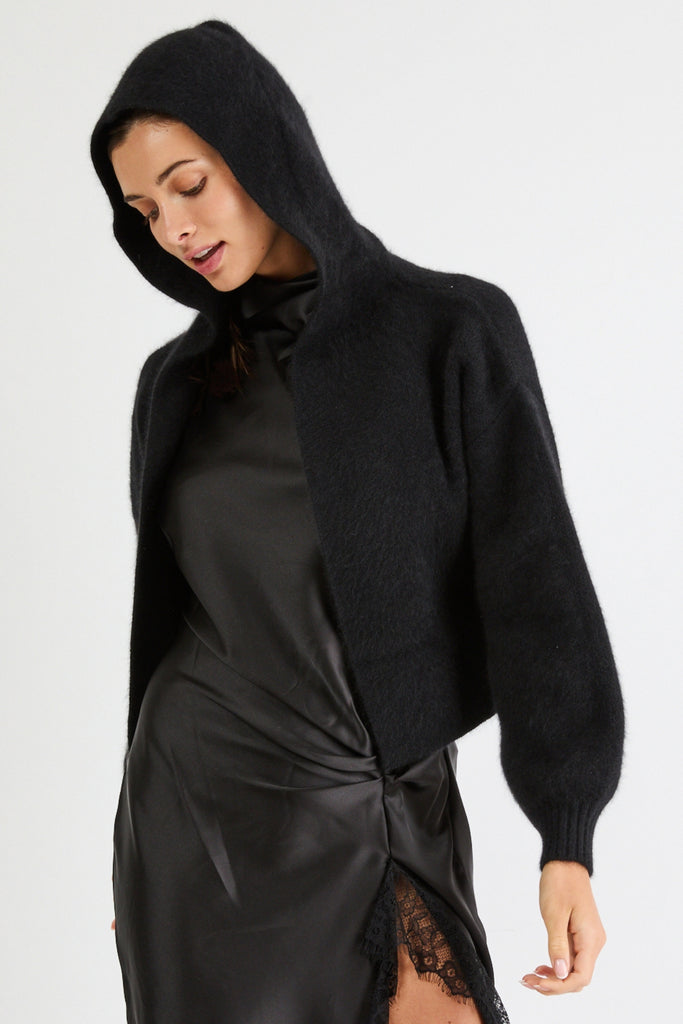 Liza Cropped Cashmere Cardigan with Hood | Black