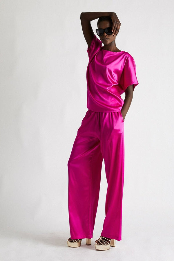 Hot Pink Satin Wide Leg Trousers
